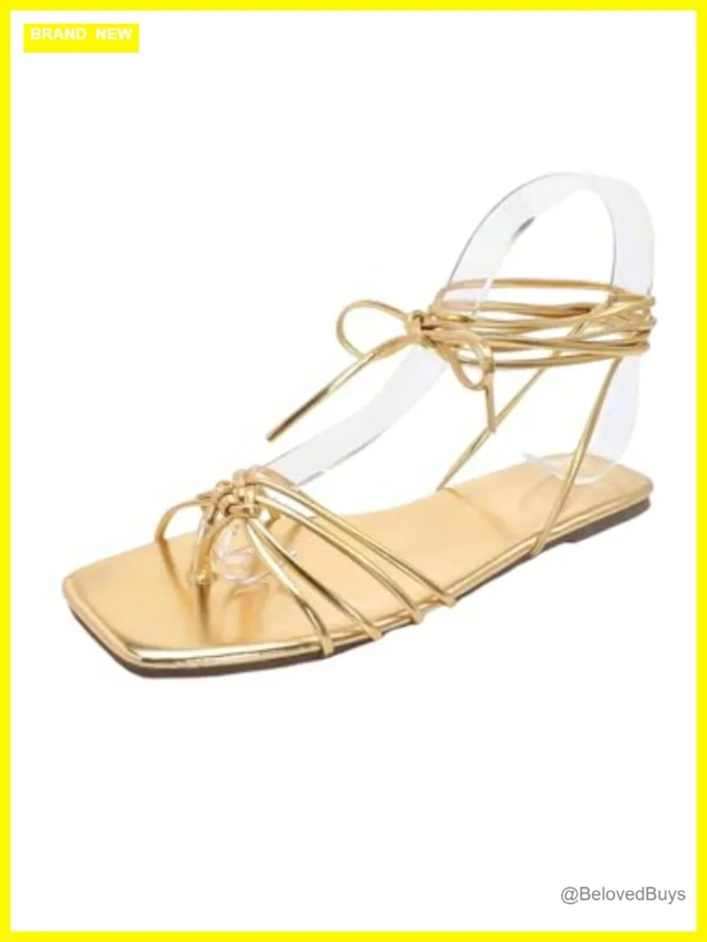 Women's Strappy Flat Sandals Lace Up Square Open Toe PU Leather Tie Up Summer